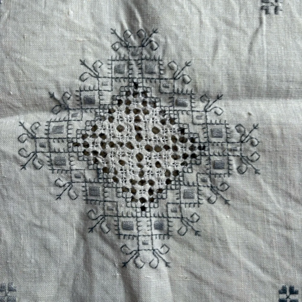Vintage Tablecloth 5 Napkins Square Approx 40” X‎ 40” Blue Embroidered Cut Outs
